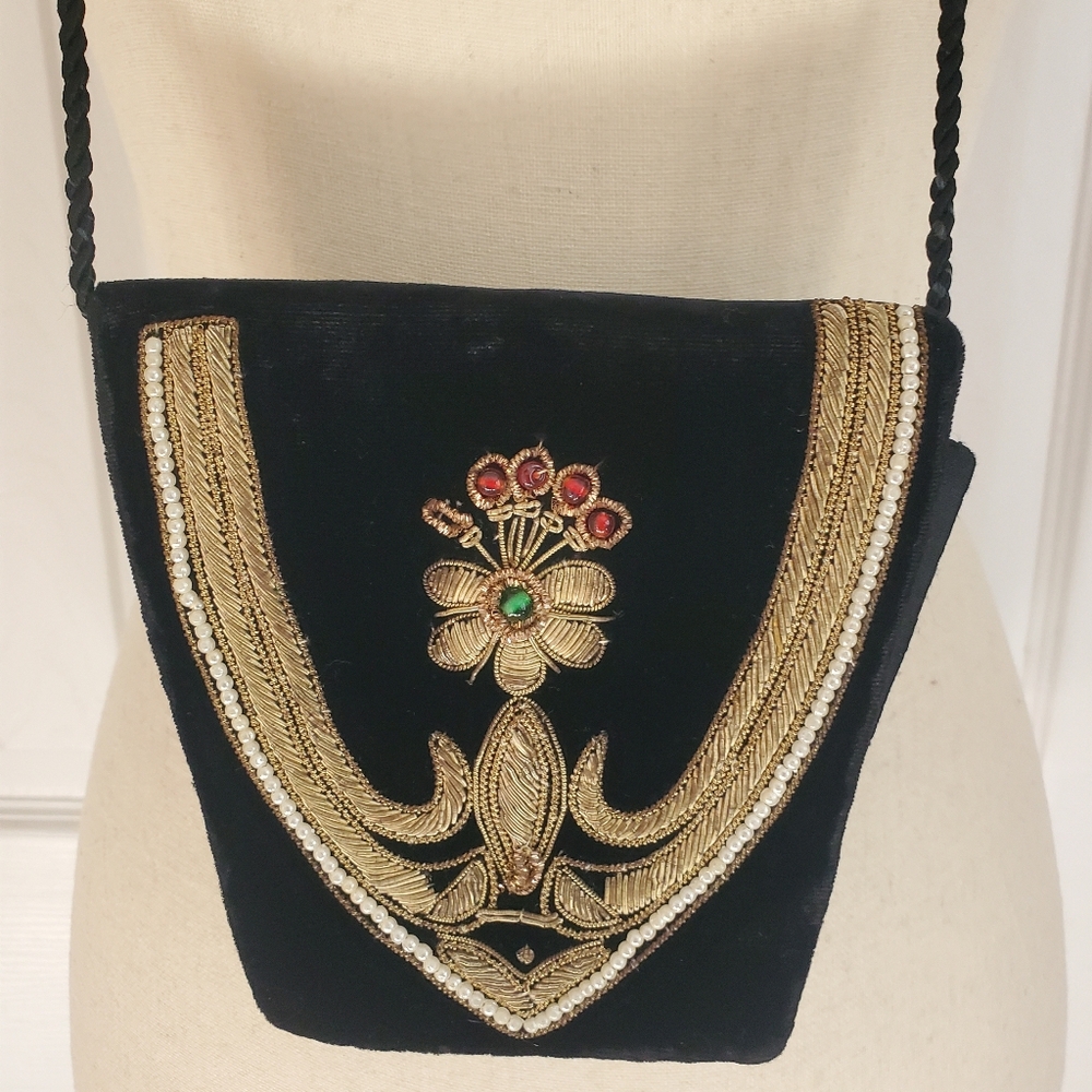 Zardozi Embroidered Velvet Shoulder Bag With Gold And Faux Pearl Trim